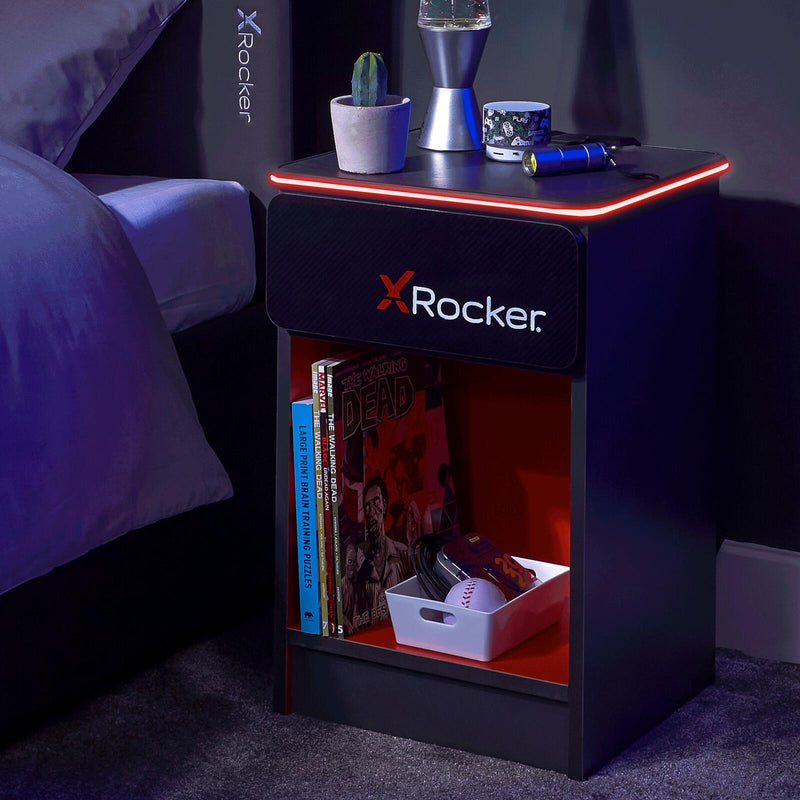 X Rocker Carbon-Tek Gaming Nachttisch mit LED-Beleuchtung & Wireless Charging Ladepad - grau/rot