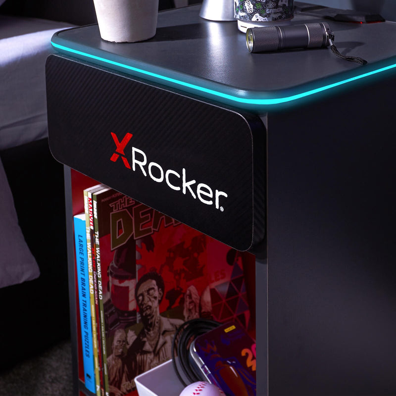 X Rocker Carbon-Tek Gaming Nachttisch mit LED-Beleuchtung & Wireless Charging Ladepad - grau/rot