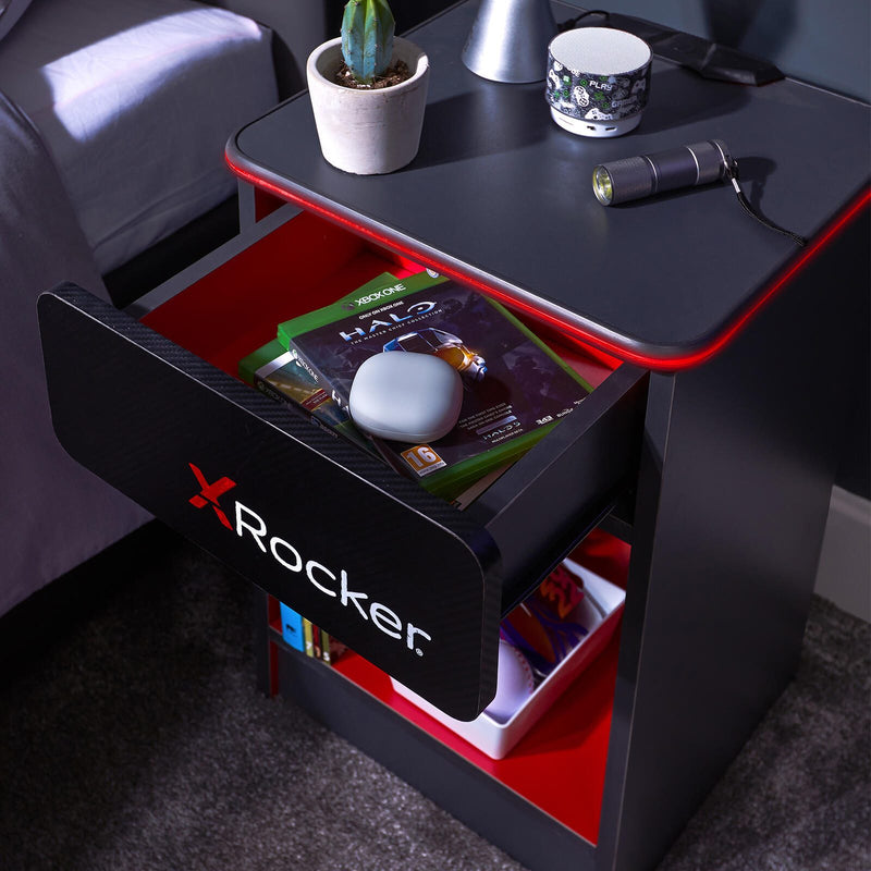 X Rocker Carbon-Tek Gaming Nachttisch mit LED-Beleuchtung & Wireless Charging Ladepad - grau/rot