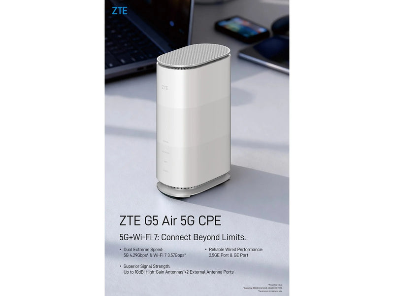 ZTE G5 Air 5G CPE Wi-Fi 7 Router - 5G 802.11a/b/g/n/ac/ax/be (Wi-Fi 7)