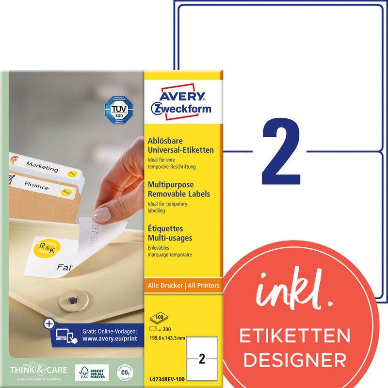 AVERY Zweckform Etiketten L4734REV-100 weiß 199,6 x 143,5 mm