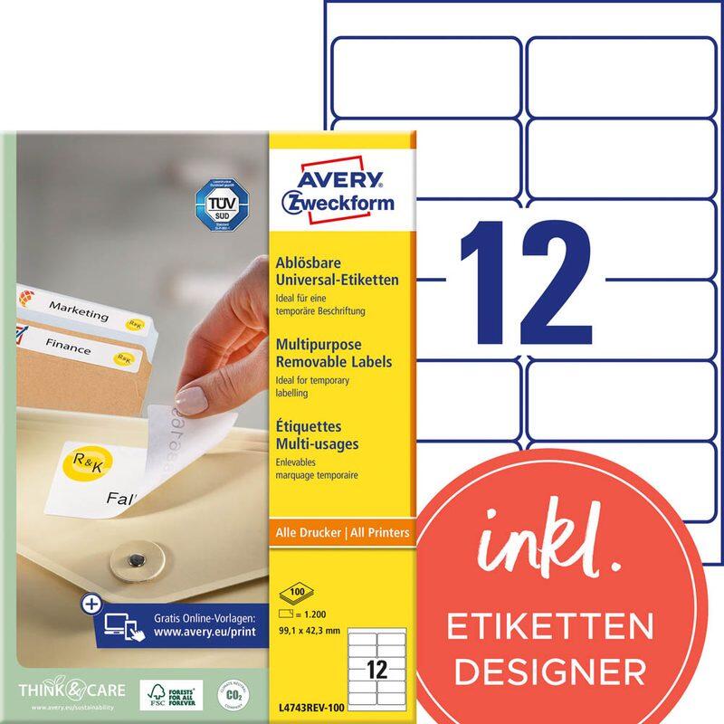 AVERY Zweckform Etiketten L4743REV-100 weiß 99,1 x 42,3 mm