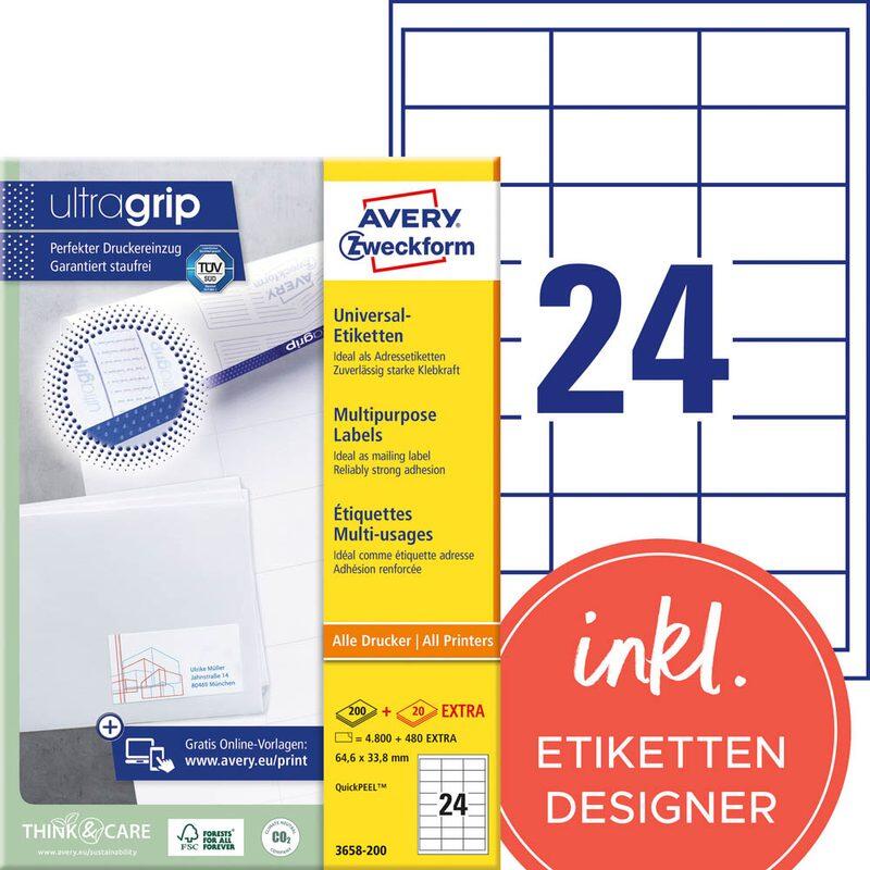 AVERY Zweckform Etiketten 3658-200 weiß 64,6 x 33,8 mm