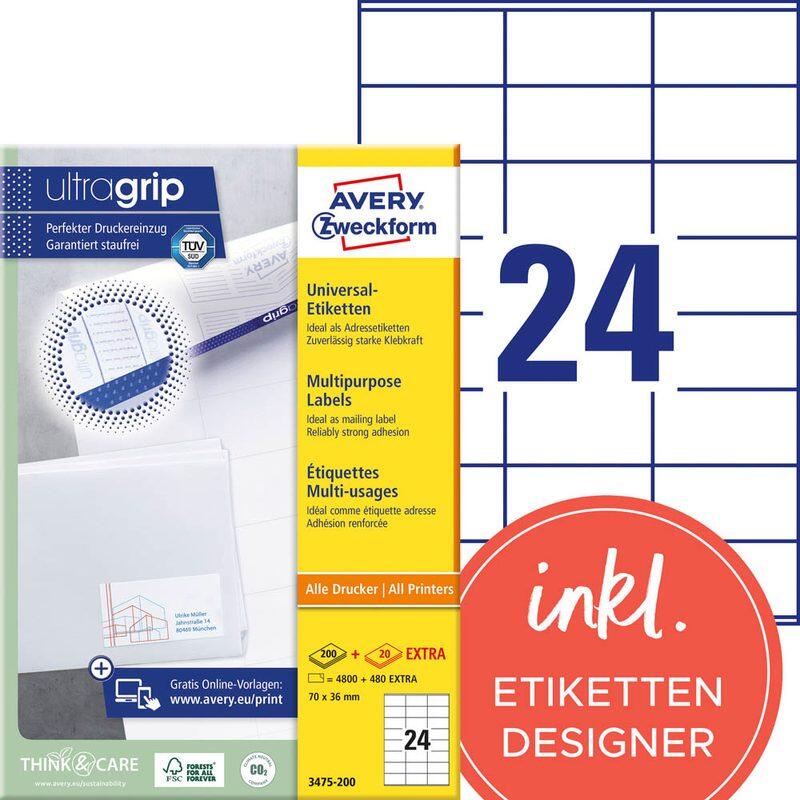 AVERY Zweckform Etiketten 3475-200 weiß 70,0 x 36,0 mm