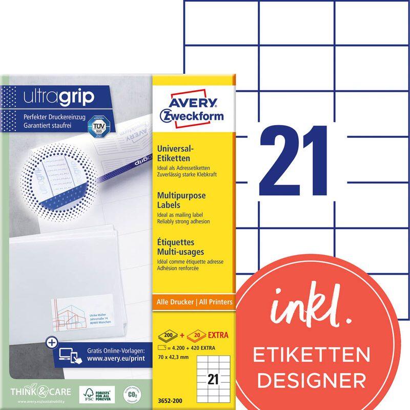 AVERY Zweckform Etiketten 3652-200 weiß 70,0 x 42,3 mm