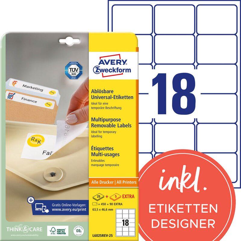 AVERY Zweckform Etiketten L6025REV-25 weiß 63,5 x 46,6 mm