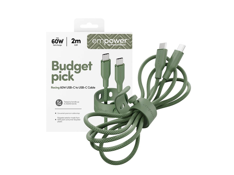 empower by PanzerGlass Racing 60W USB-C to USB-C Cable | USB 2.0 | 2M | Sage