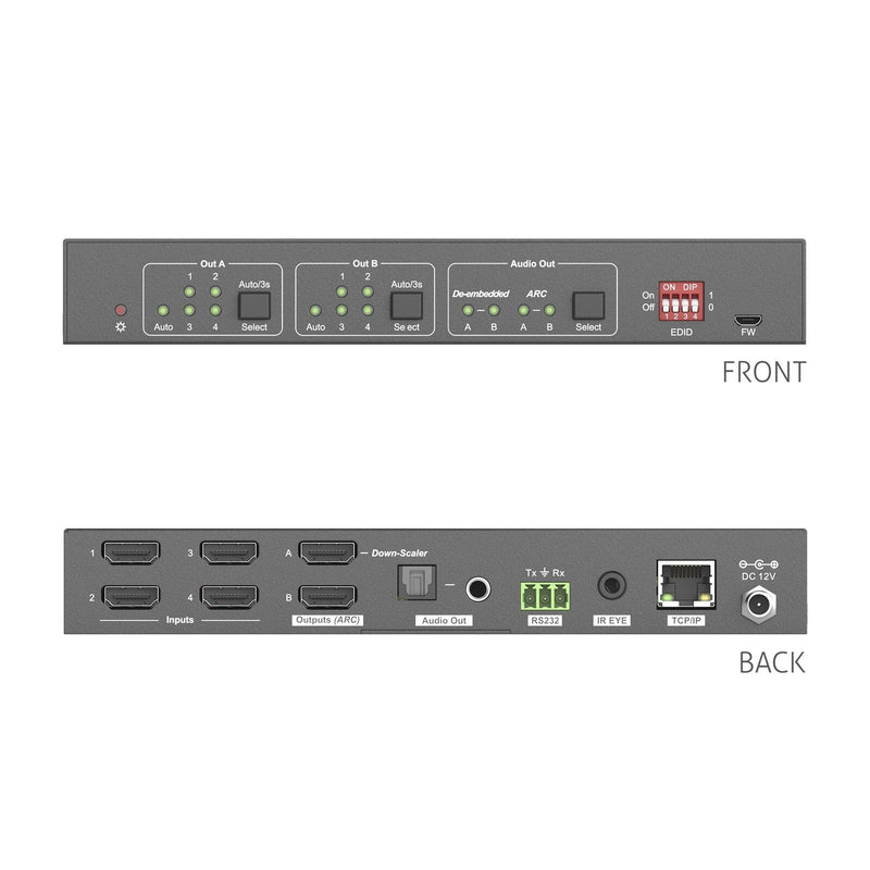 PureTools - 4x2 HDMI Matrix, 4K, HDR Digital und Analog Audio, ARC und RS232
