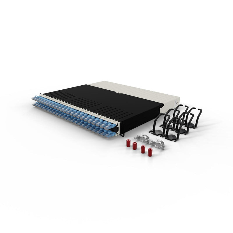 Patchbox patchbox.one Kabeleinzugssystem 8RU/UTP (0,8 m) mit 24 Kassetten, Patchkabel Cat. 6a, U/UTP, PoE++, Kabel blau
