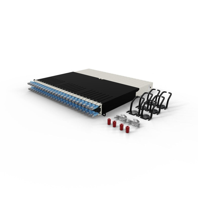 Patchbox patchbox.one Kabeleinzugssystem 8RU/STP (0,8 m) mit 24 Kassetten, Patchkabel Cat. 6a, U/FTP, PoE, Kabel blau