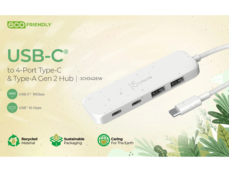 j5create USB-C to 4-Port USB Hub USB-Hubs - USB 3.2 - 4 - Weiß