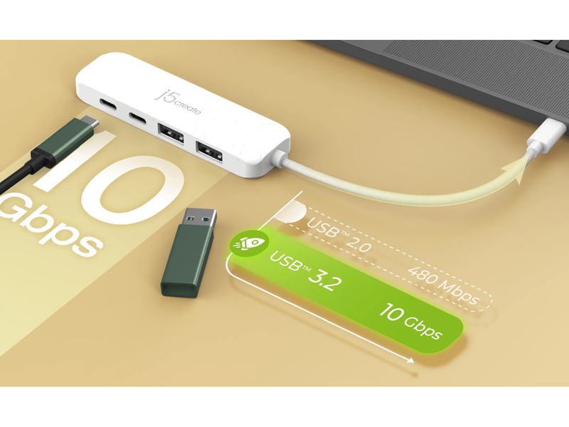 j5create USB-C to 4-Port USB Hub USB-Hubs - USB 3.2 - 4 - Weiß