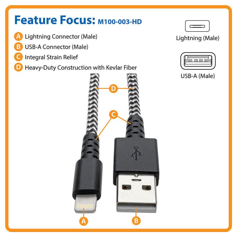 Eaton Tripp Lite Series Heavy-Duty USB-A zu Lightning Sync/Ladekabel, MFi-zertifiziert - Stecker/Stecker, USB 2.0, 3 ft.