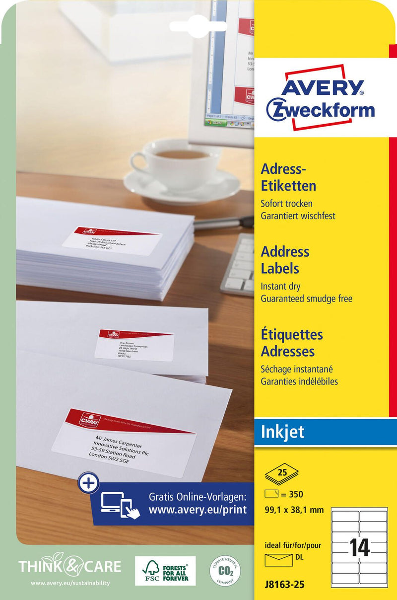 AVERY Zweckform Adressetiketten J8163-25 weiß 99,1 x 38,1 mm