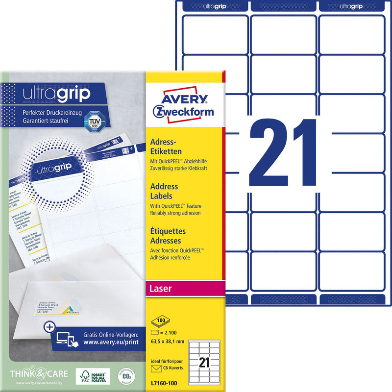 AVERY Zweckform Adressetiketten L7160-100 weiß 63,5 x 38,1 mm