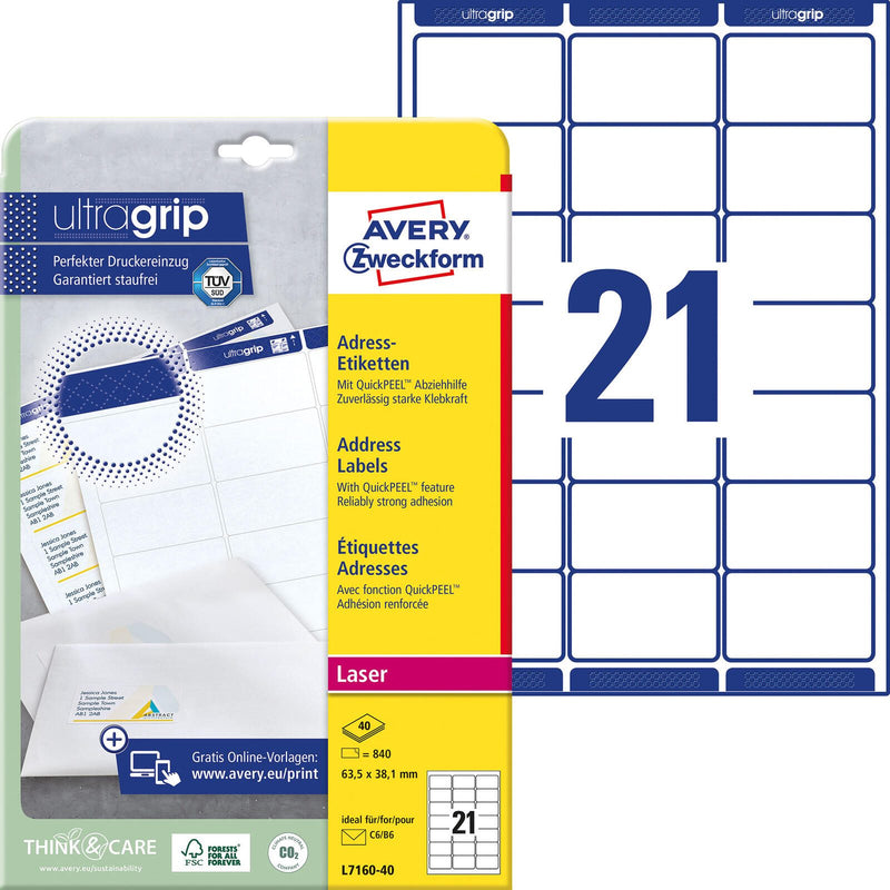AVERY Zweckform Adressetiketten L7160-40 weiß 63,5 x 38,1 mm
