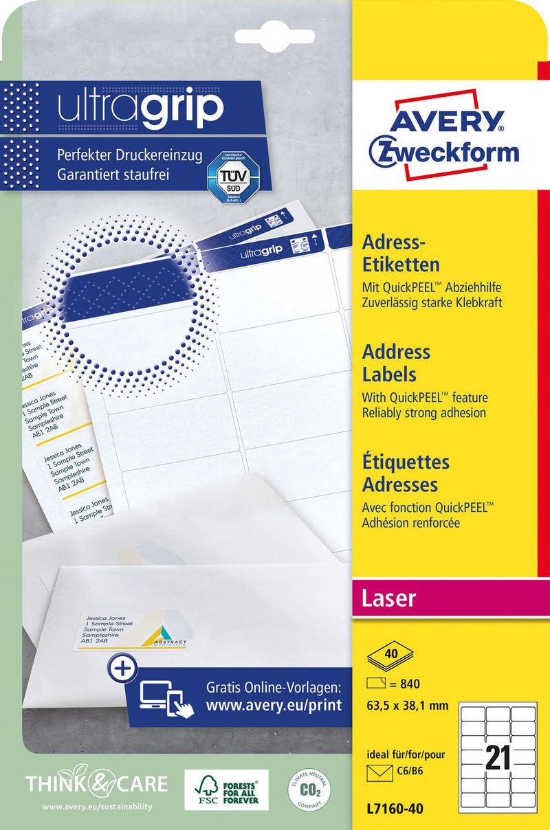 AVERY Zweckform Adressetiketten L7160-40 weiß 63,5 x 38,1 mm