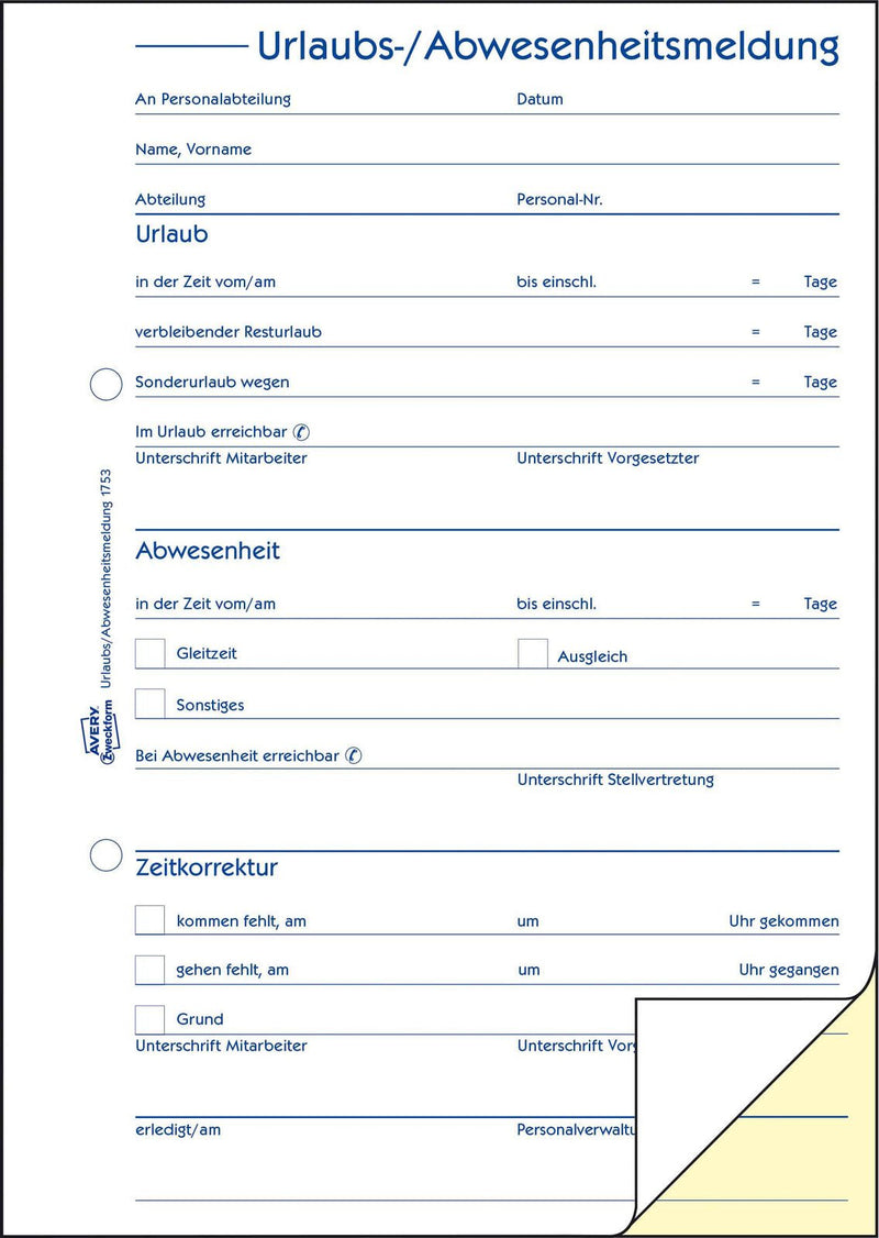AVERY Zweckform Formularbuch Urlaubsabwesenheitsmeldung DIN A5 2x 40 Seiten