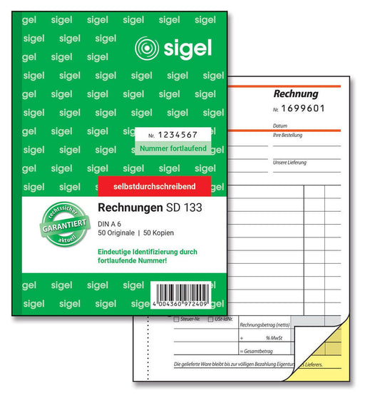 SIGEL Formularbuch Rechnung mit fortlaufenden Nummern DIN A6 2x 50 Seiten