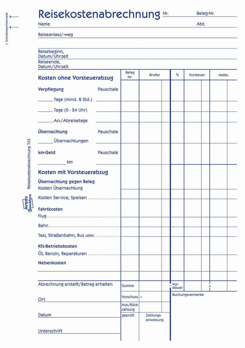 AVERY Zweckform Formularbuch Reisekostenabrechnung pro Reise DIN A5 1x 50 Seiten