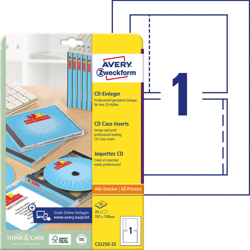 AVERY Zweckform CD-Einleger CD-Einleger, 151x118mm, weiß C32250-25 weiß