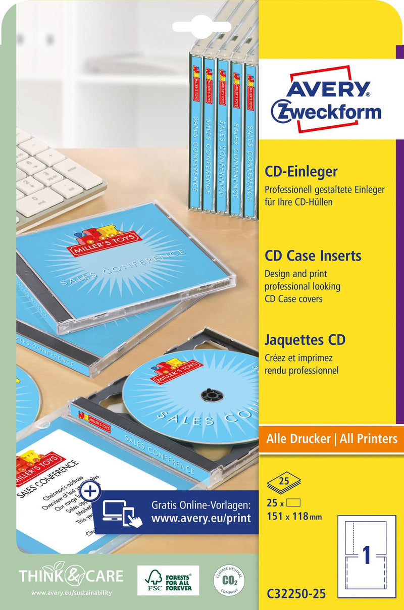 AVERY Zweckform CD-Einleger CD-Einleger, 151x118mm, weiß C32250-25 weiß