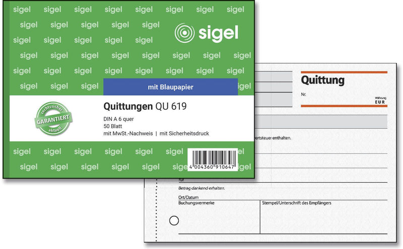 SIGEL Formularbuch Quittung, MwSt. separat ausgewiesen DIN A6 quer 1x 50 Seiten