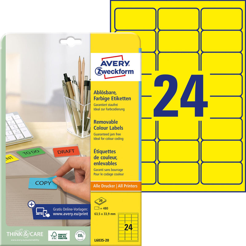 AVERY Zweckform Etiketten L6035-20 gelb 63,5 x 33,9 mm
