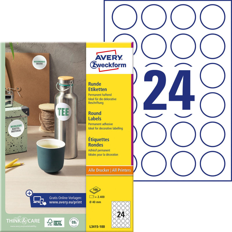 AVERY Zweckform Etiketten L3415-100 weiß 40,0 x 40,0 mm