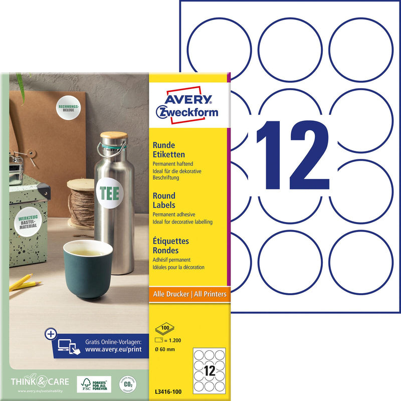AVERY Zweckform Etiketten L3416-100 weiß 60,0 x 60,0 mm