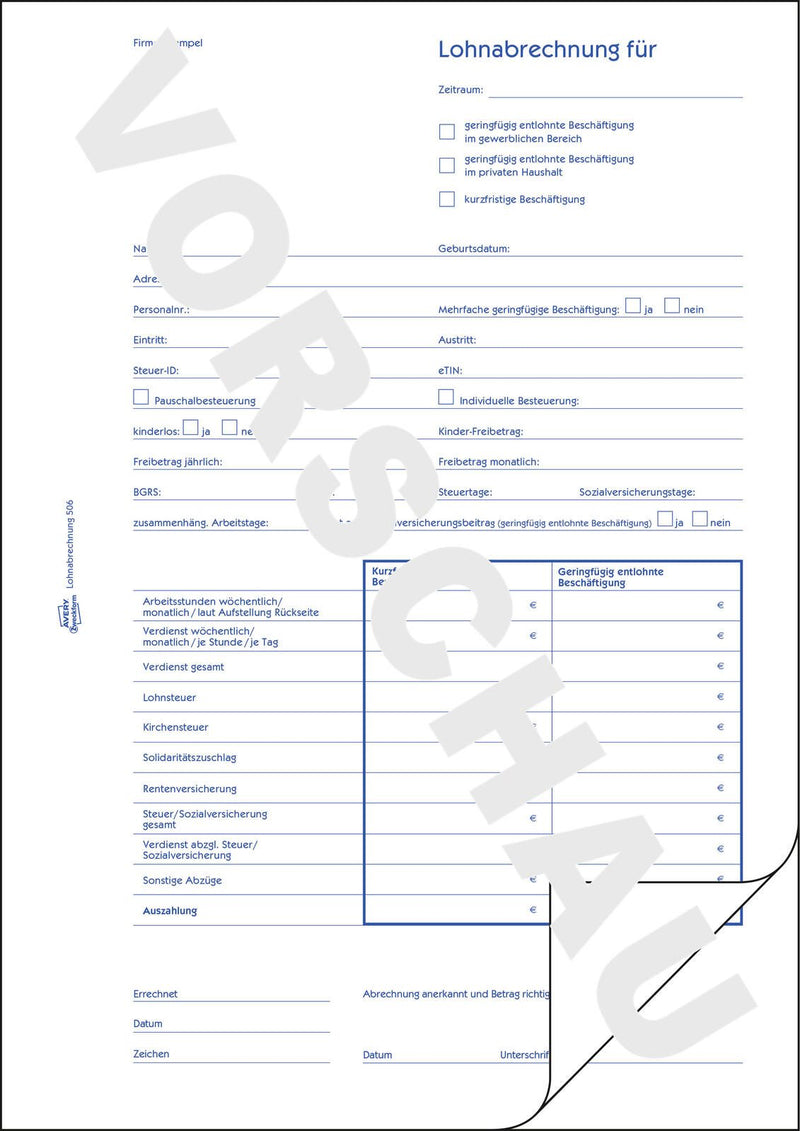 AVERY Zweckform Formularbuch Lohnabrechnung für geringfügig/kurzfristig Beschäftigte DIN A4 1x 50 Seiten