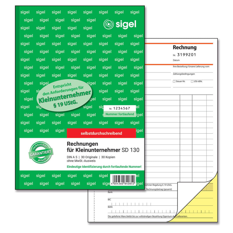 SIGEL Formularbuch Rechnung für Kleinunternehmer mit fortlaufenden Nummern (ohne MwSt.-Ausweis) DIN A5 2x 30 Seiten