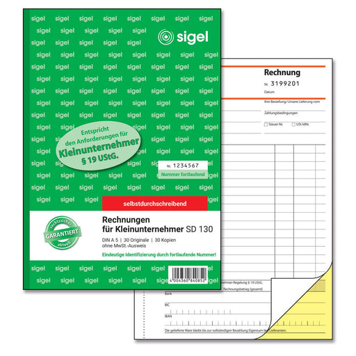 SIGEL Formularbuch Rechnung für Kleinunternehmer mit fortlaufenden Nummern (ohne MwSt.-Ausweis) DIN A5 2x 30 Seiten