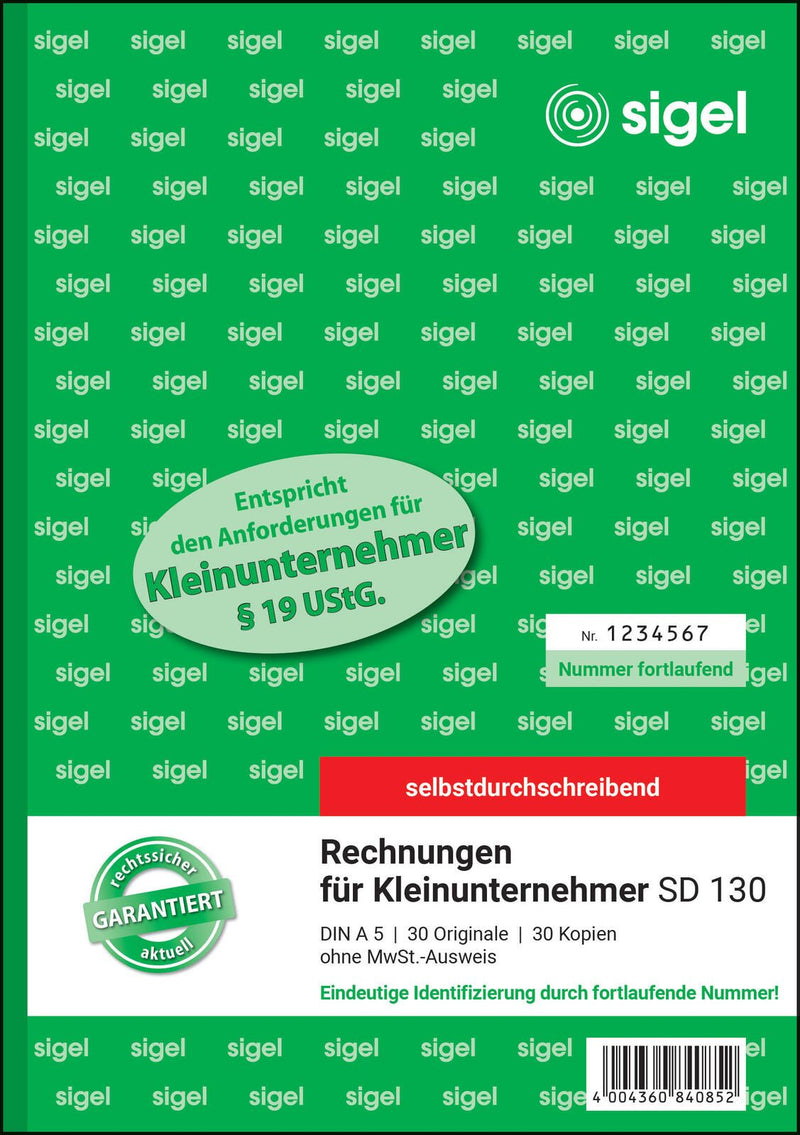 SIGEL Formularbuch Rechnung für Kleinunternehmer mit fortlaufenden Nummern (ohne MwSt.-Ausweis) DIN A5 2x 30 Seiten
