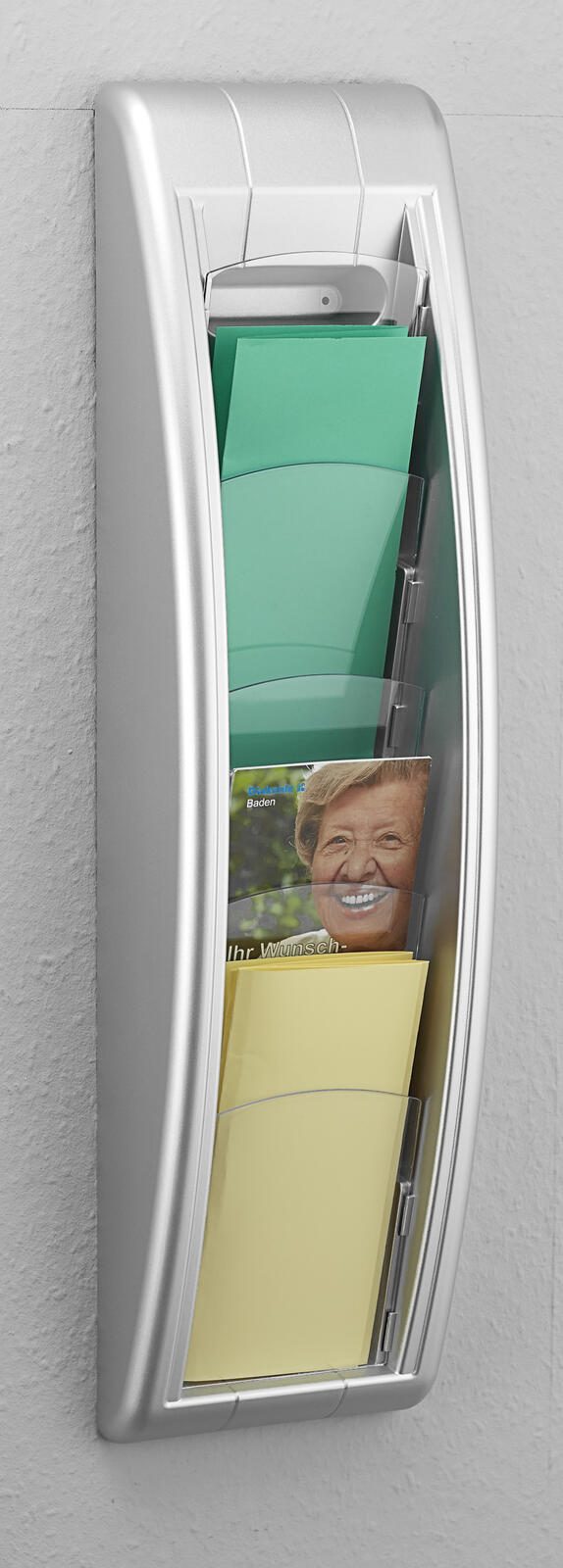 PAPERFLOW Kompakt Wandprospekthalter DIN A4 quer 4-Fach silber