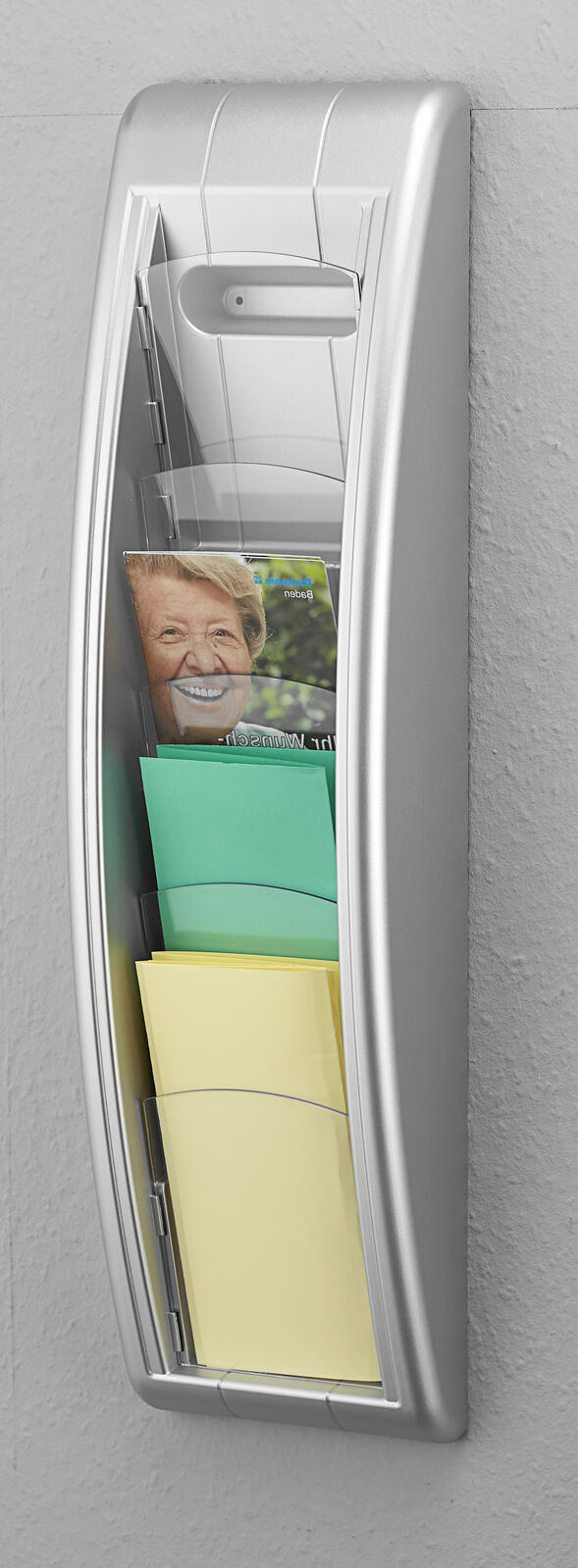 PAPERFLOW Kompakt Wandprospekthalter DIN A4 quer 4-Fach silber