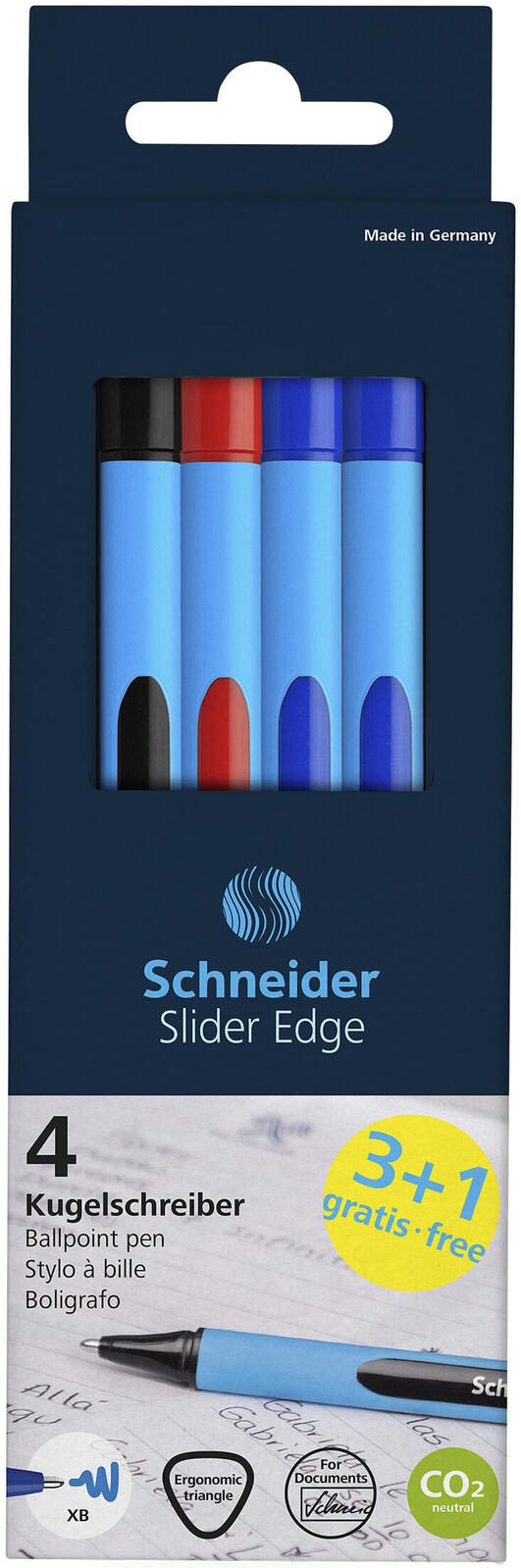 Schneider Kugelschreiber Slider Edge blau Schreibfarbe farbsortiert, 3 St. + GRATIS 1 St.