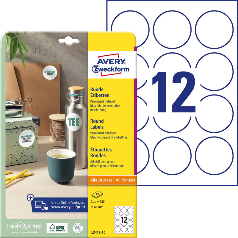 AVERY Zweckform Etiketten L3416-10 weiß 60,0 x 60,0 mm