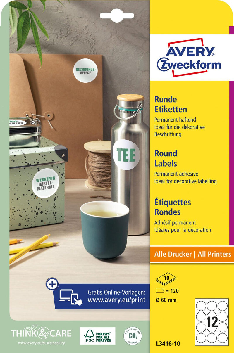 AVERY Zweckform Etiketten L3416-10 weiß 60,0 x 60,0 mm