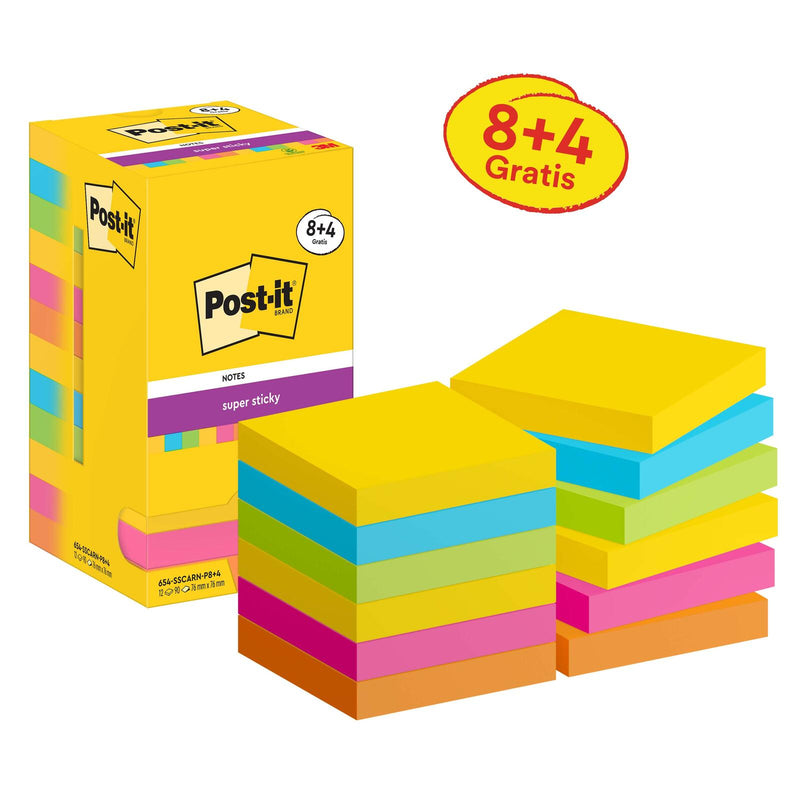 Post-it® Carnival Haftnotizen extrastark farbsortiert 8 Blöcke + GRATIS 4 Blöcke
