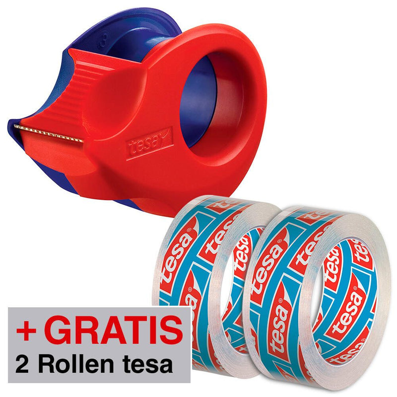 tesa Klebefilmabroller Mini-Abroller rot/blau + GRATIS 2 Rollen tesafilm Kristall-Klar, 10,0m x 15,0mm (LxB)