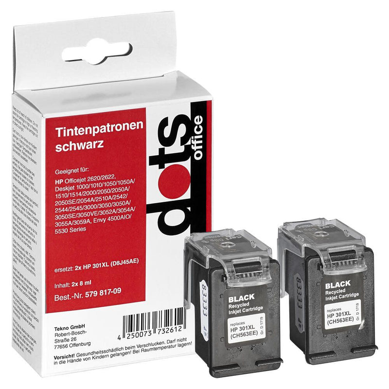 dots Druckerpatronen kompatibel zu HP 301XL (D8J45AE), 2er-Set schwarz