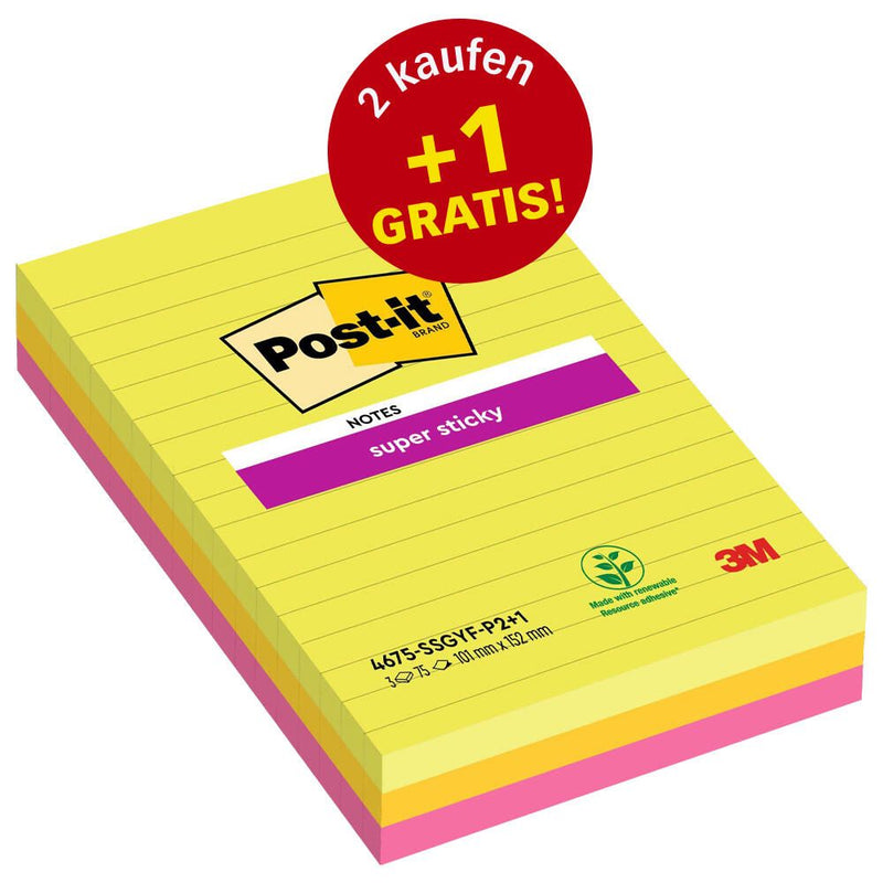 Post-it® Haftnotizen 10,1 x 15,2 cm, 2 Blöcke + GRATIS 1 Block