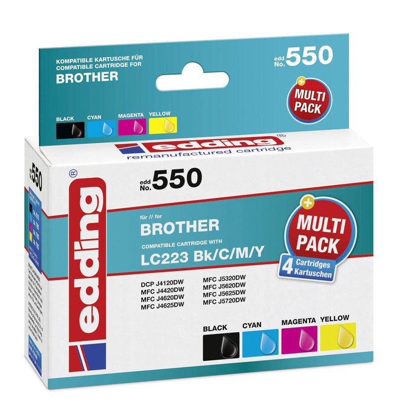 edding Druckerpatronen EDD-550 schwarz, cyan, magenta, gelb kompatibel zu brother LC-223BK/C/M/Y, 4er-Set