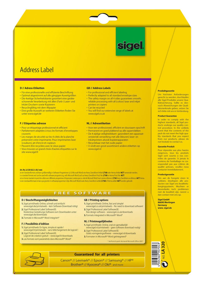 SIGEL Adressetiketten LA320 weiß 63,5 x 38,1 mm
