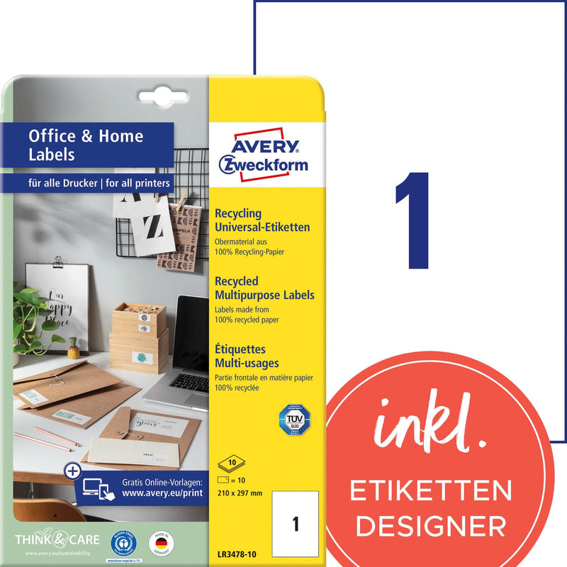 AVERY Zweckform Etiketten LR3478-10 weiß 210,0 x 297,0 mm