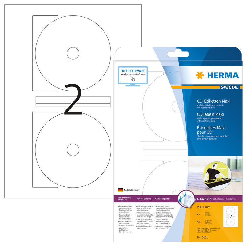 HERMA CD-Etiketten CD-Etiketten,maxi, Ø 116 mm 5115 weiß
