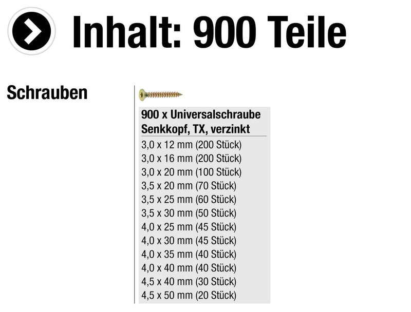 CONNEX Holzschrauben-Sortiment 900-teilig