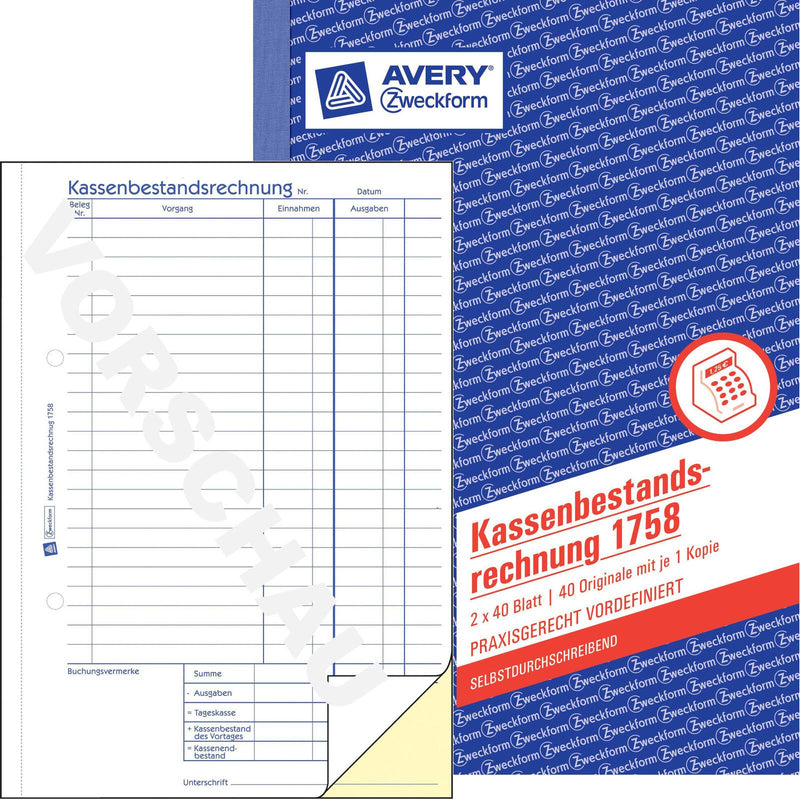 AVERY Zweckform Formularbuch Kassenbericht/Bestandsrechnung DIN A5 2x 40 Seiten