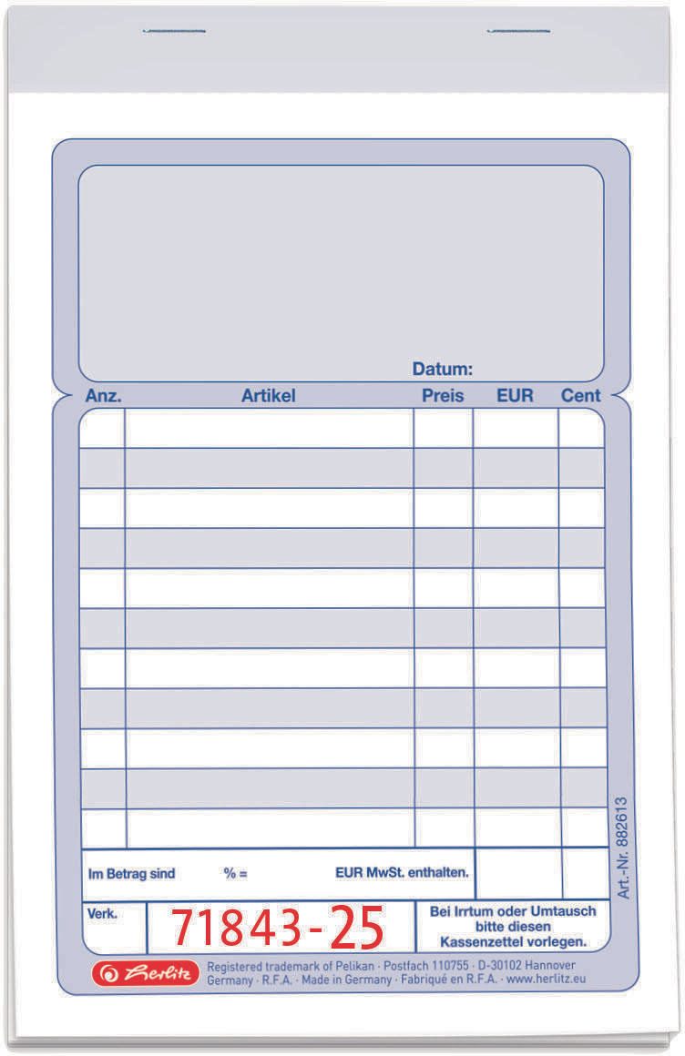 herlitz Formularbuch Kassenblock mit Additionsblatt, mit fortlaufenden Nummern DIN A6 2x 50 Seiten